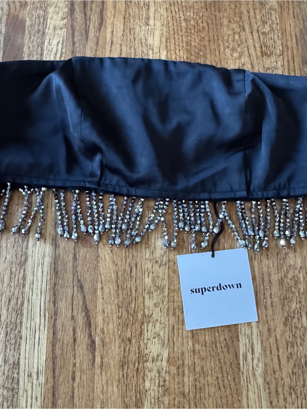 Superdown NWT Evie Beaded Fringe Satin Tube Top in Black - Size XS